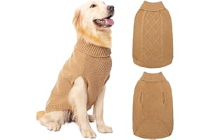 Mihachi Turtleneck Dog Sweater - Winter Coat Apparel Classic Cable Knit Clothes with Leash Hole for Cold Weather, Ideal Gift for Pet in New Year Khaki