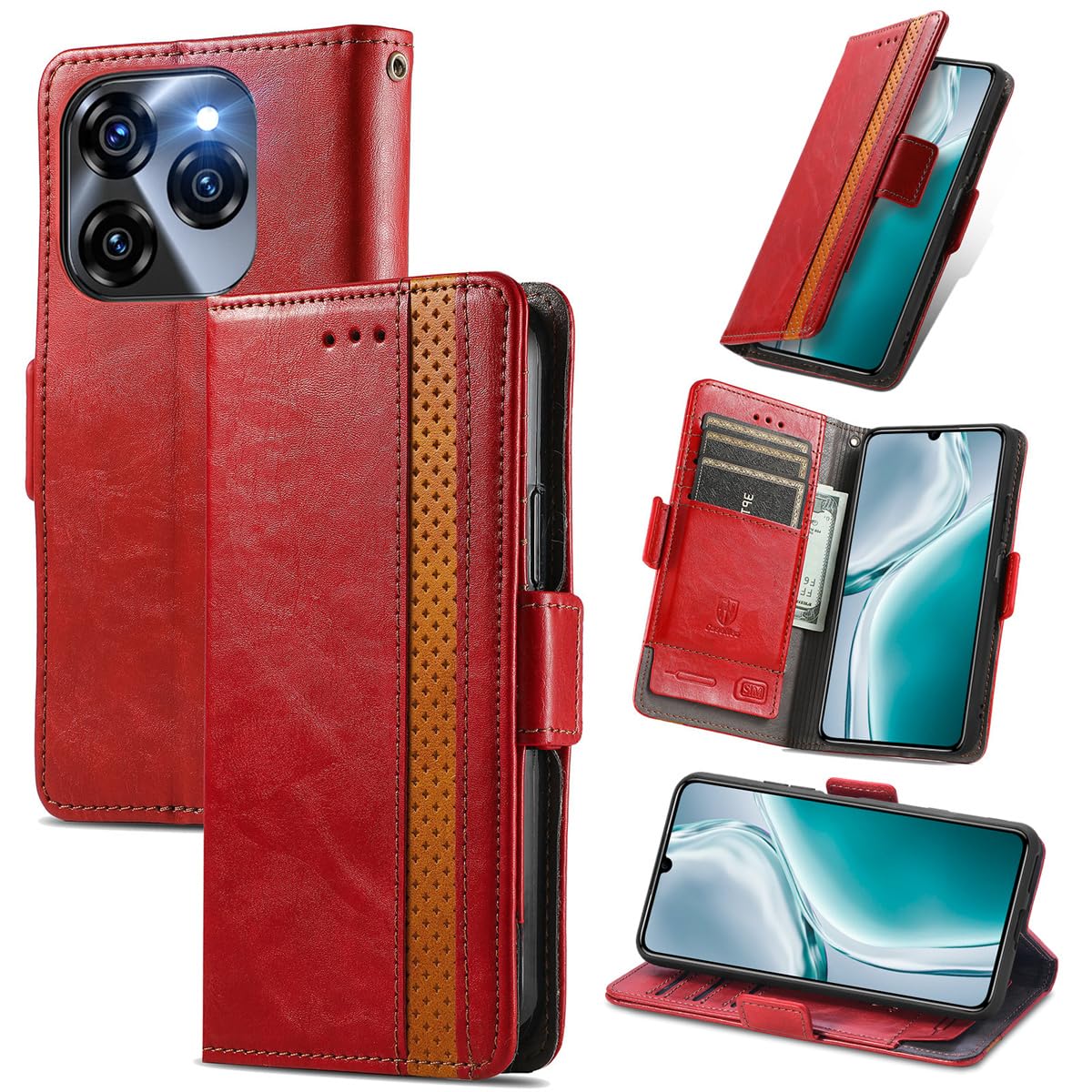 MOJIA Case for Oukitel C50, Premium PU Leather Wallet Flip Phone Cover with TPU Inner Shell, Card Holder Needle Bag Multifunctional Case. Red
