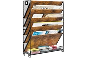 PAG Wall File Organizer for Office, 6-Tier Rustic Hanging File holder Wall Storage Rack for Documents/Magazine/Literature/Fil