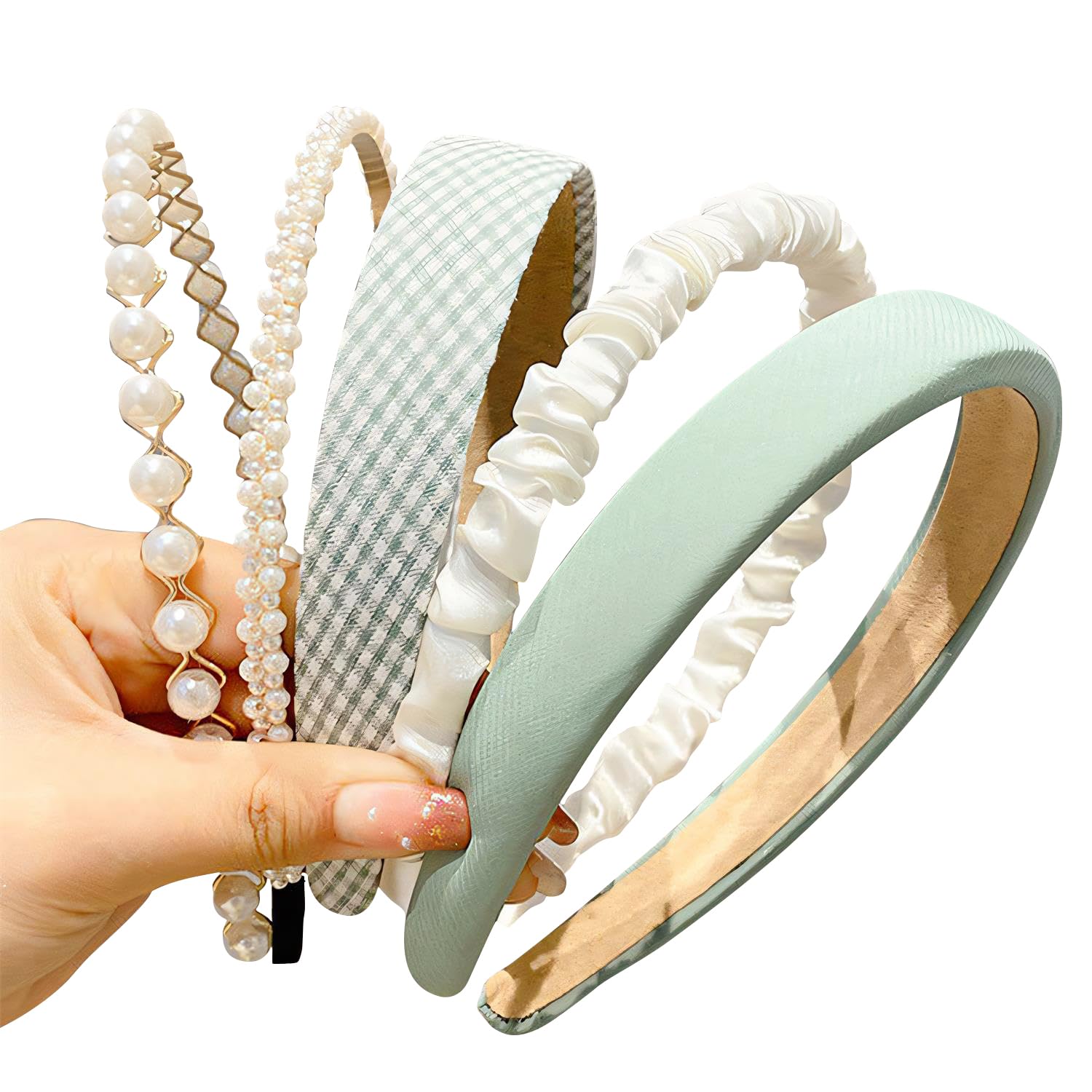 Fashion Headbands for Women Girls Headbands Set, 5pcs Pearl Headband Floral Headbands Padded Headband for Women Vintage Wide Hair Band (Green)