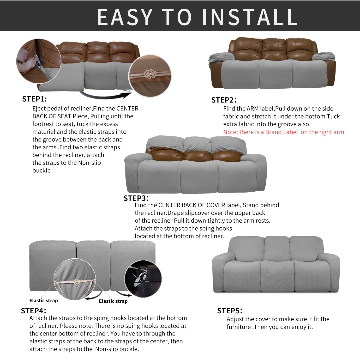 Easy-Going 8 Pieces Recliner Sofa Stretch Sofa Slipcover Sofa Cover Furniture Protector Couch Soft with Elastic Bottom Kids, Spandex Jacquard Fabric Small Checks Light Gray: Home & Kitchen