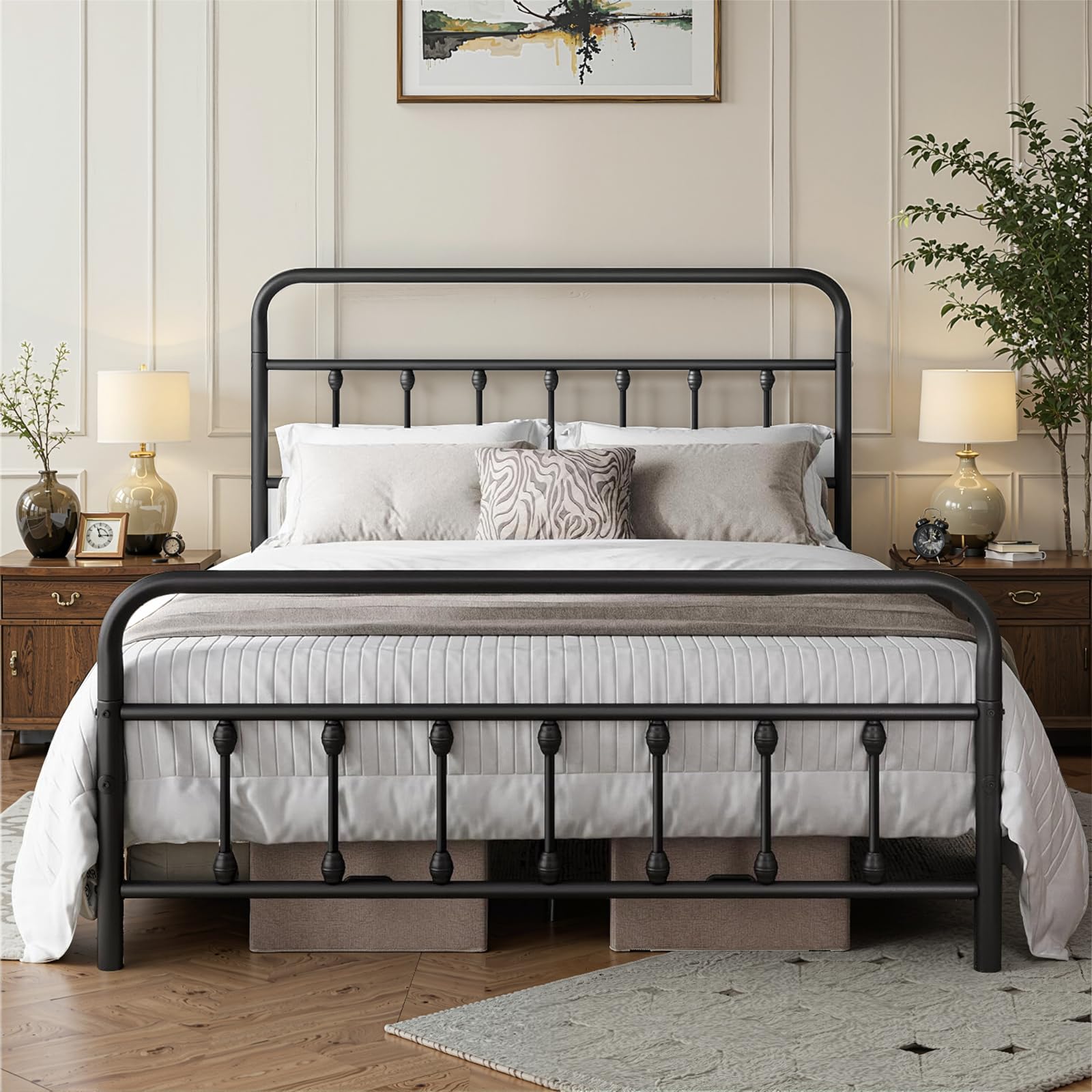 Photo 1 of Chuangshuo Guard Queen Bed Frame-Classic Metal Platform Bed Frame Mattress Foundation with Victorian Style Iron-Art Headboard/Footboard/Storage Space/No Box Spring Needed/Black