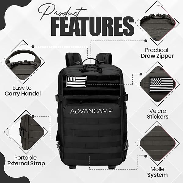ADVANCAMP 45L MILITARY TACTICAL BACKPACK LARGE DAY PACK FOR MEN – MOLLE RUCKING ASSAULT RUCKSACK, HEAVY-DUTY WATER-RESISTANT BAG FOR HIKING, GYM, TRAVEL & OUTDOOR ADVENTURES – BLACK