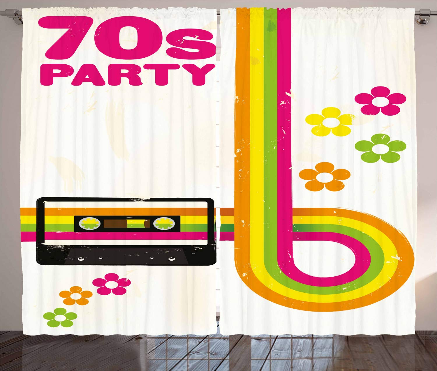ABAKUHAUS 70s Party Curtains, Party Flyer Inspired and Curved Stripes with Daisies Audio Cassette Tape, Living Room Bedroom Window Drapes 2 Panel Set, 89 L X 110 W, Multicolor