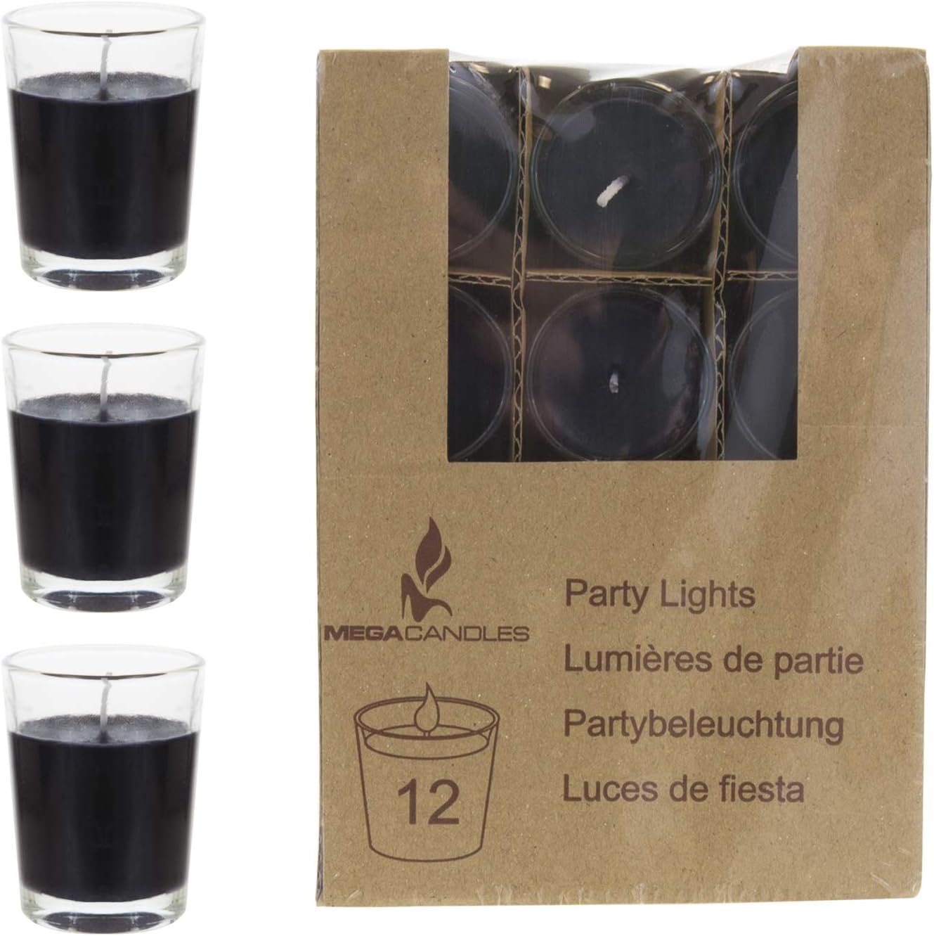 Mega Candles 12 pcs Unscented Black Glass Container Candle, Mini Party Light 5 Hours 1.5 Inch x 1.75 Inch, Home Décor, Wedding Receptions, Baby Showers, Birthdays, Celebrations, Party Favors & More