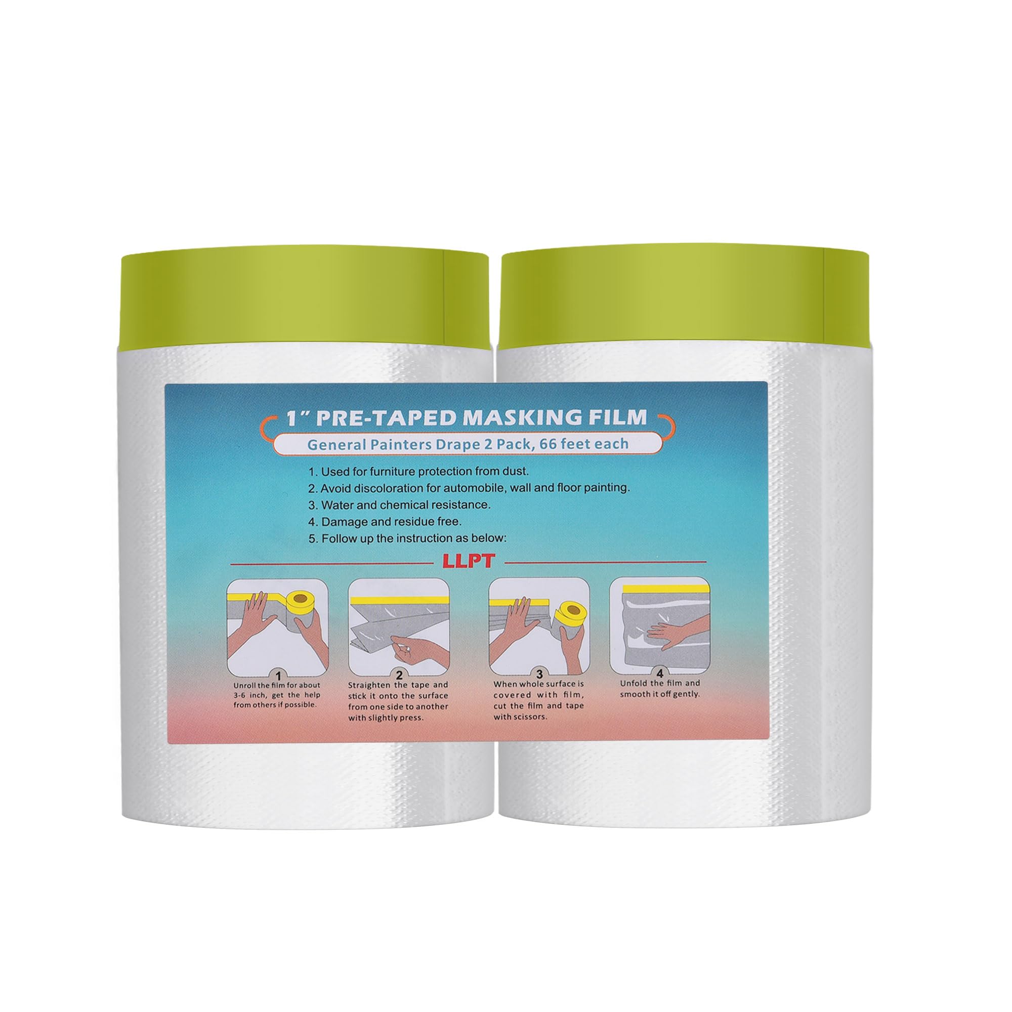 LLPT Tape and Drape Pre-Taped Masking Film | 2-Pack | 90cm(Unfolded) x 20m | Versatile Painter's Plastic Dust Sheets | for Auto Wall Painting and Spraying Protection (MFTG920) | Green Washi Paper