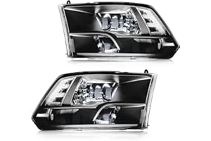 DimFlux Headlight Assembly, Compatible with 2009-2018 Dodge Ram 1500/2010-2018 Ram 2500 3500 4500 5500(Only fit factory quad style halogen headlights) Black Housing Clear Reflector