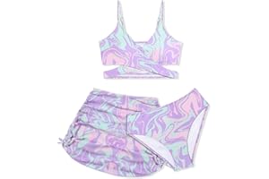 AGAPENG Girls Swimsuits 3 Piece Bathing Suit Allover Printed Criss Cross Bikini Set with Cover Up Skirt Beach Swimwear 7-14 Years