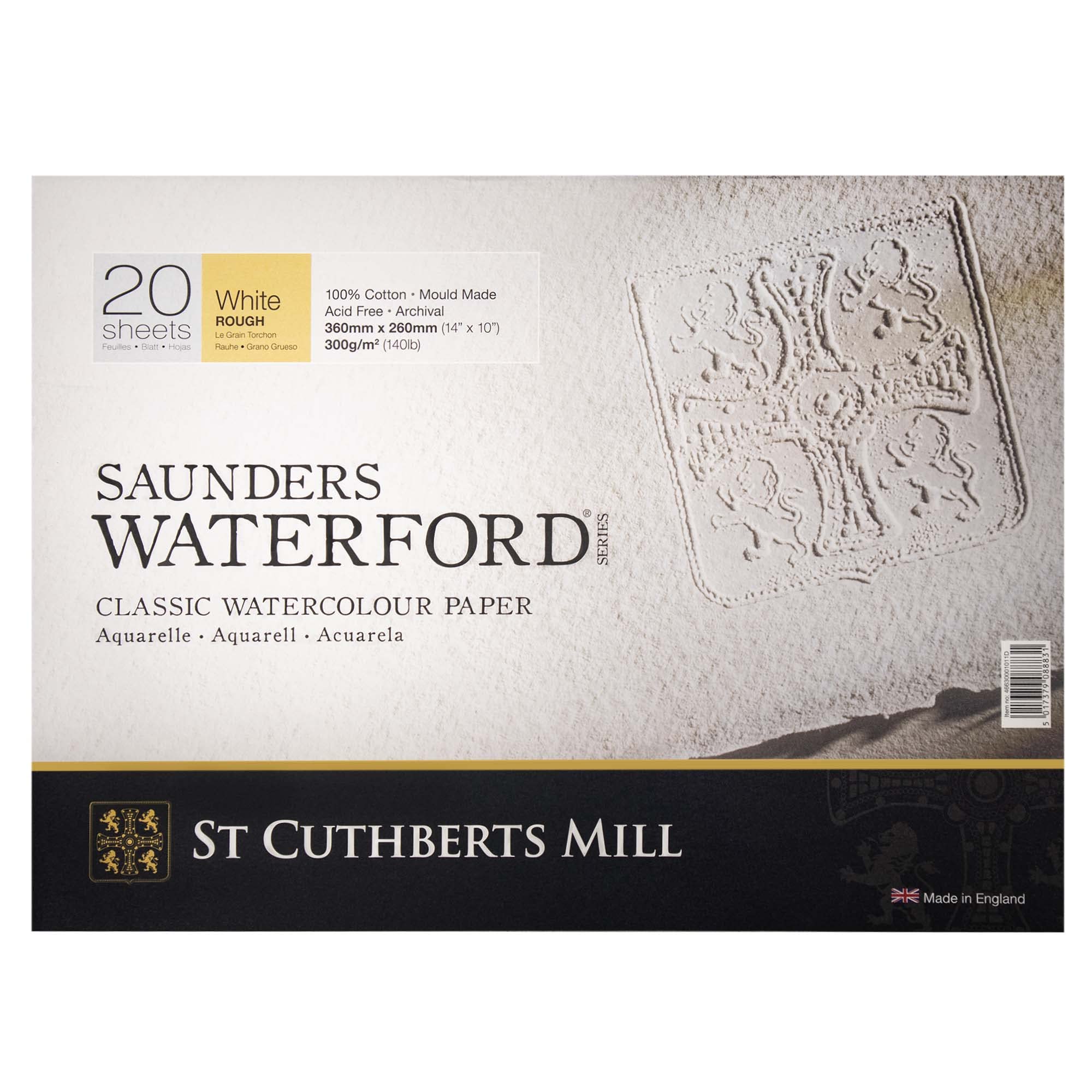 ST CUTHBERTS Mill Saunders Waterford, Fine Art Watercolor Paper, Hard, 300gsm, 1 Pad Paste on Side, 14x10, White, 12 Sheets