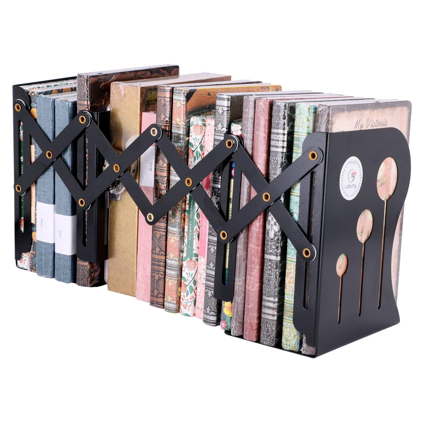 Desktop Metal Bookends Expanding Book Stand Holder Desk Books Documents Organiser Heavy-Duty Book End Foldable Book Shelves Files Holder Divider Rack for School Student Office Library
