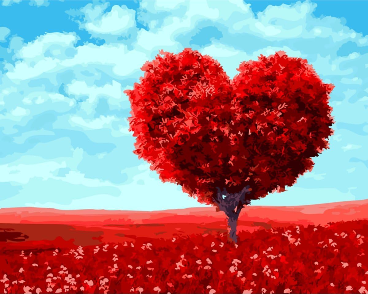 YEESAM Art Stationery Tree of Love Red Heart Tree, Paint by Numbers 16x20 inch DIY Painting Kits for Home Wall Decor (Red, Framed)