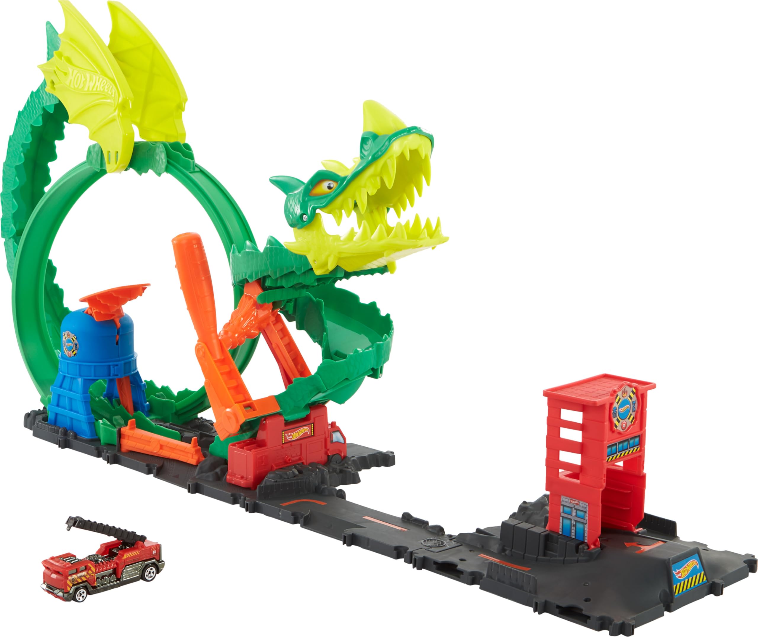 Hot Wheels Track Set with 1:64 Scale Toy Firetruck, City Fire Station with Dragon Nemesis and Track Play, Dragon Drive Firefight