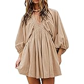 Acelitt Womens Spring Long Sleeve V Neck Casual Loose Flowy Ruffle A Line Babydoll Mini Dress Beach Vacation Outfits