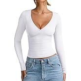 REORIA Womens 2026 Winter Fall Fashion Deep V Neck Long Sleeve Shirts Double Lined Casual Slim Fitted Going Out Tops