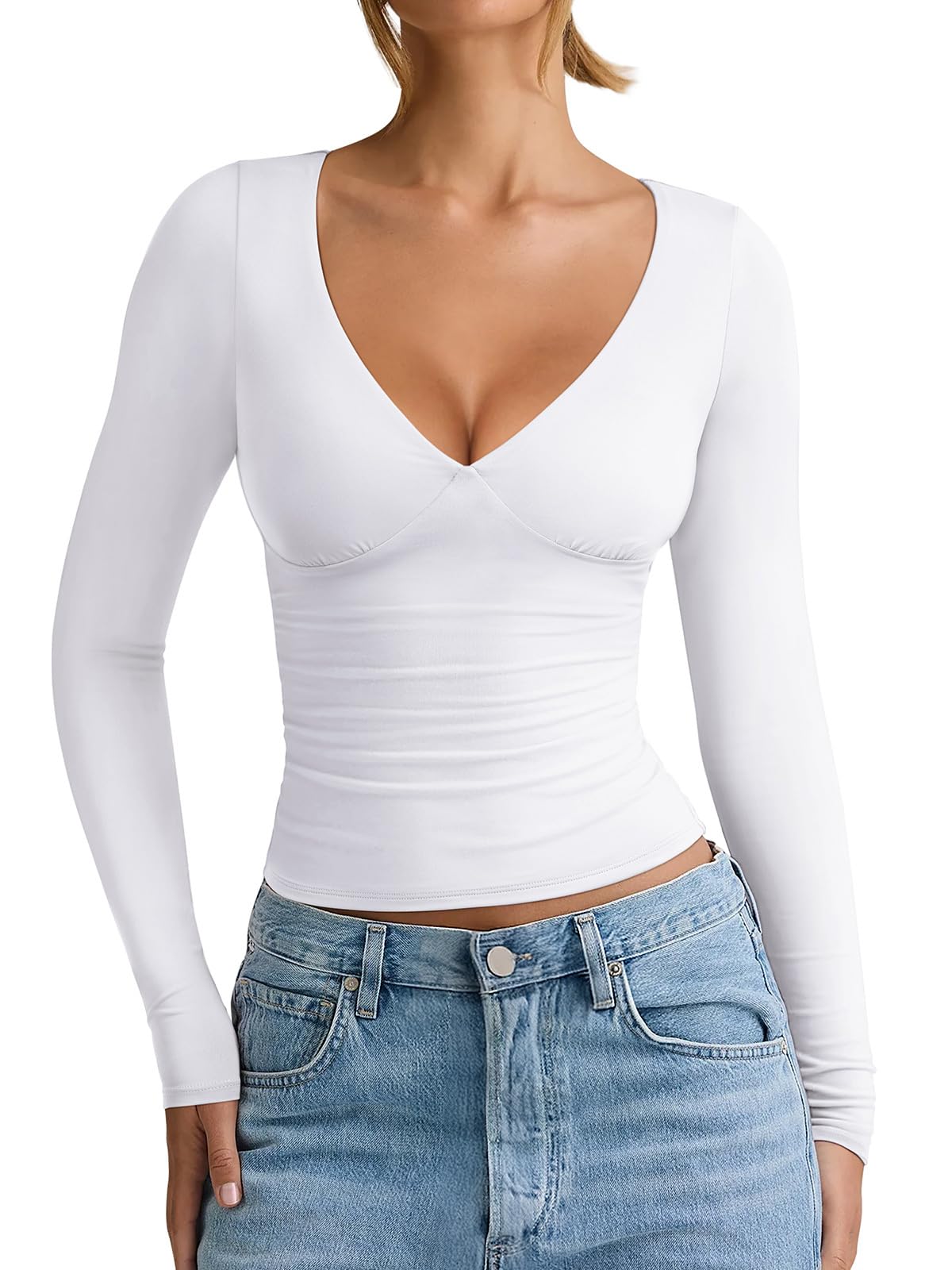 Photo 1 of **ITEM IS DIRTY/or stinks check clerk comments**
REORIA Womens Soft V Neck Long Sleeve Shirts Casual Slim Fitted Tops Double Lined 2026 Winter Fall Fashion Clothes White