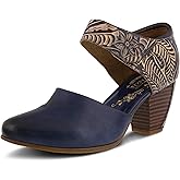 Spring Step L’Artiste Women’s Toolie Pump Shoe - Hand-Painted Tooled Mary Jane Shoe with Adjustable Hook Loop Strap and Leather Wrapped Stacked Heel