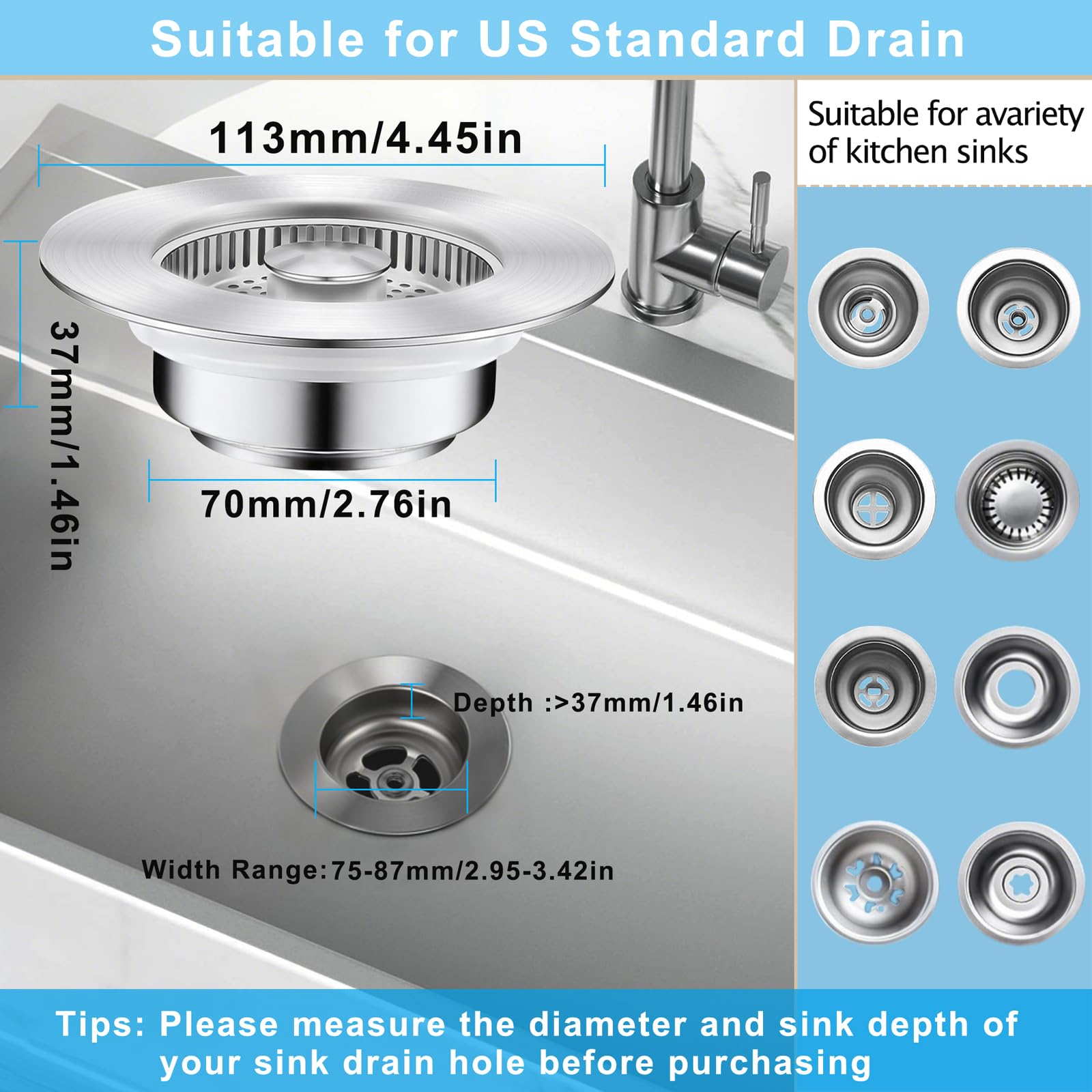 3-in-1 Kitchen Sink Drain Strainer Stopper, Upgraded Stainless Steel Sink Plug with Anti-Clog Filter Basket, Fits Standard 3-1/2 Inch Drain Hole, Pop Up Garbage Disposal Cover, Universal Food Catcher