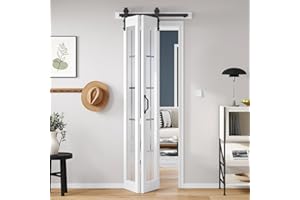 ROYMELO Bifold Barn Door 30x84 Inch (Double 15x84), Preassembled White Frosted Glass Cross Transparent Bifolding Door with 34" Hardware Kit Included, Closet Sliding Wood Panel Slab, Save Space