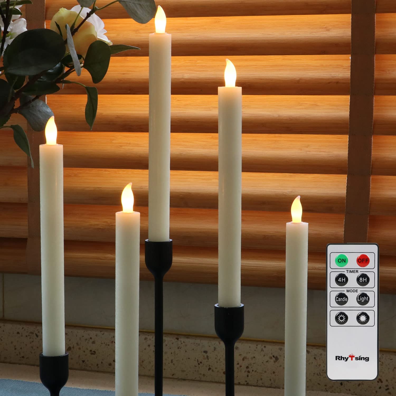 Rhytsing Set of 5 Ivory Battery Operated Taper Candles with Remote, LED Dinner Candle, Distressed Wax Finished, Push Button, Warm White Light, Batteries Included