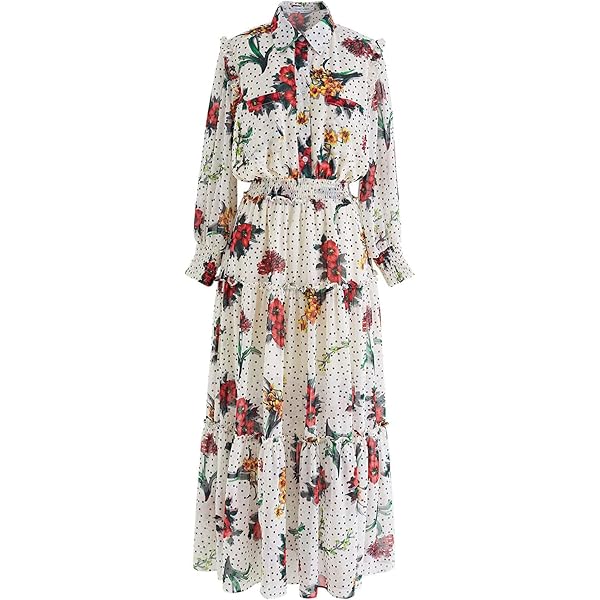 Mujeres Señora Gasa Primavera Vestidos Largos Estampado Floral Camisa Cuello Manga Larga Botón Nueva Moda Elegante Señora Vestido Casual