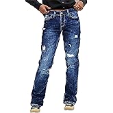 Flamingals Women's Mid Waist Straight Leg Jeans Ripped Stretchy Trendy Denim Jeans