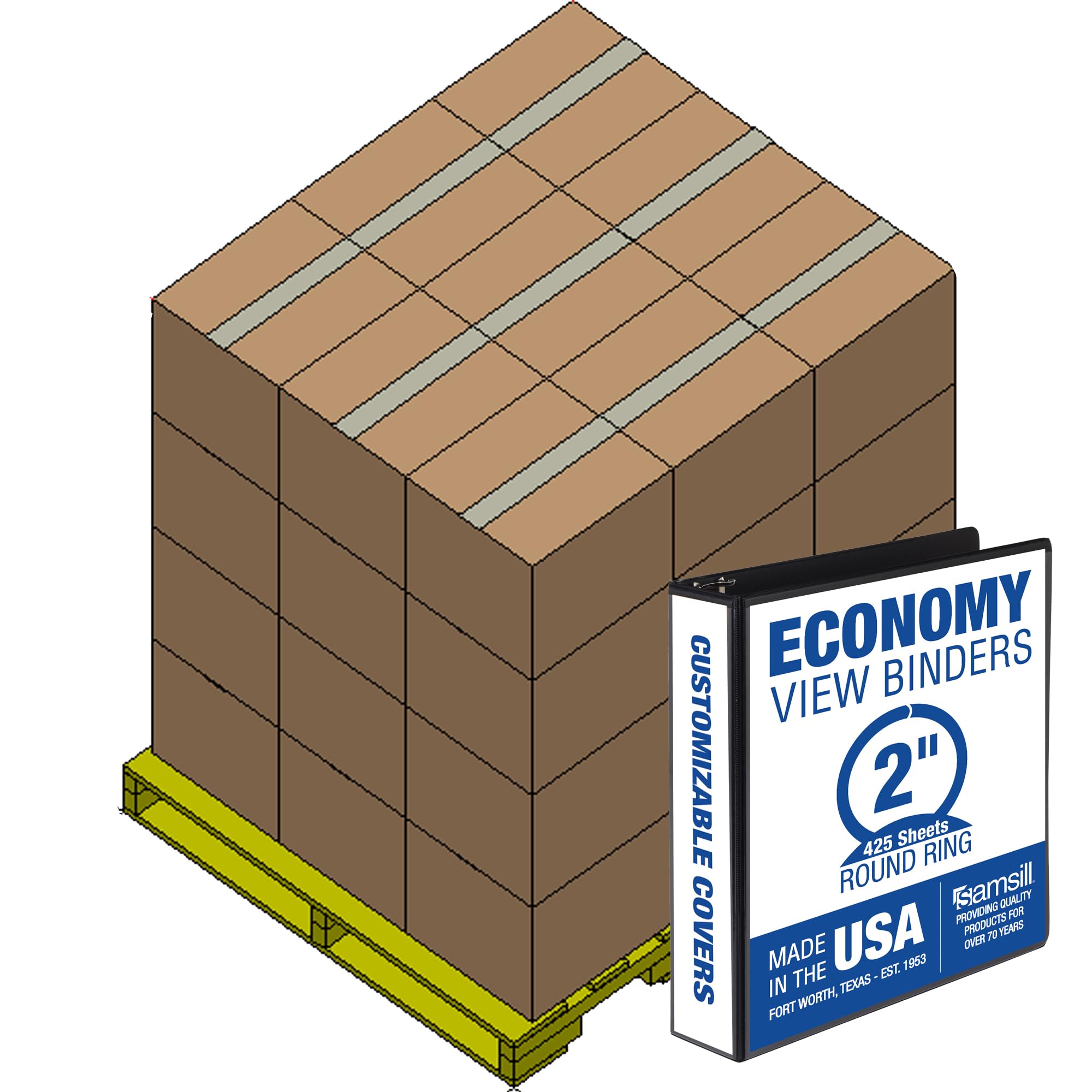 Samsill Economy 2 Inch 3 Ring Binder Bulk Pallet, Made in The USA, Round Ring Binder, Customizable Clear View Cover, Black, Pallet of 432 Binders in 36 Cartons Image