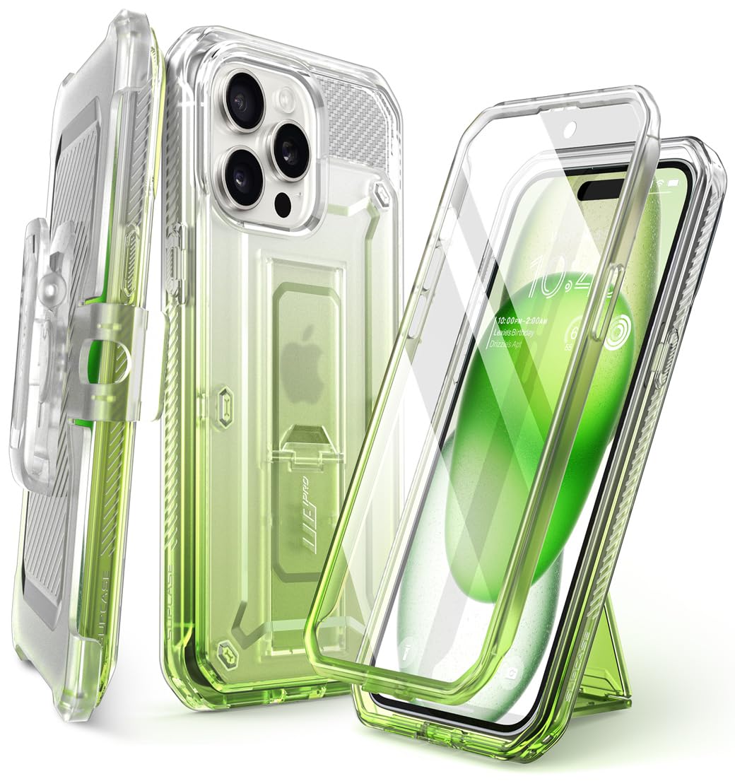 SUPCASE for iPhone 15 Pro Max Case with Screen Protector (Unicorn Beetle Pro), [Built-in Stand & Belt-Clip] [Military-Grade Protection] Full Body Heavy Duty Phone Case, GradGreen