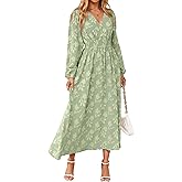 Simplee Womens Boho Floral Long Sleeve Maxi Dress V Neck Empire Waist Fall Wedding Guest Dresses with Pockets