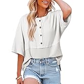 Dokotoo Womens Waffle Knit Tops 2026 Fashion 3/4 Sleeve Casual Button Down Shirts Crew Neck Oversized Patchwork Blouses