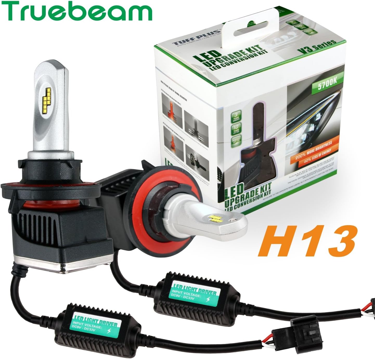 2*Truebeam H13 Led Car Headlight Bulbs 5700K Conversion Kit with Philips Led Bright White Light HI/LOW Beam 55W 5300LM [Energy Class A+++]
