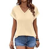 Bliwov Womens Summer Tops V Neck Lace Short Sleeve T Shirts | Soft Lightweight Tees, Dressy Casual Clothes, Ladies Cute Clothing for Business, Vacation, Travel, Beach Resort