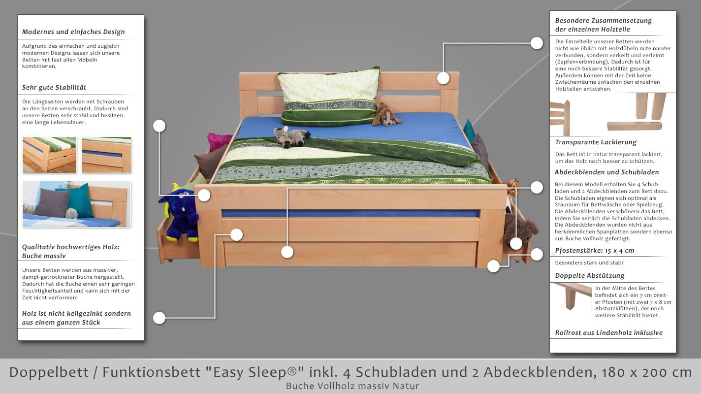 Bett Funktionsbett Easy Premium Line K6 Inkl 4 Schubladen Und 2 Abdeckblenden 180 X 200 Cm Buche Vollholz Massiv Natur Amazon De Baumarkt