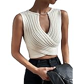 MakeMeChic Women's Criss Cross Sweater Tank Top Wrap Rib Knitted Notch V Neck Knit Crop Pullover Tops