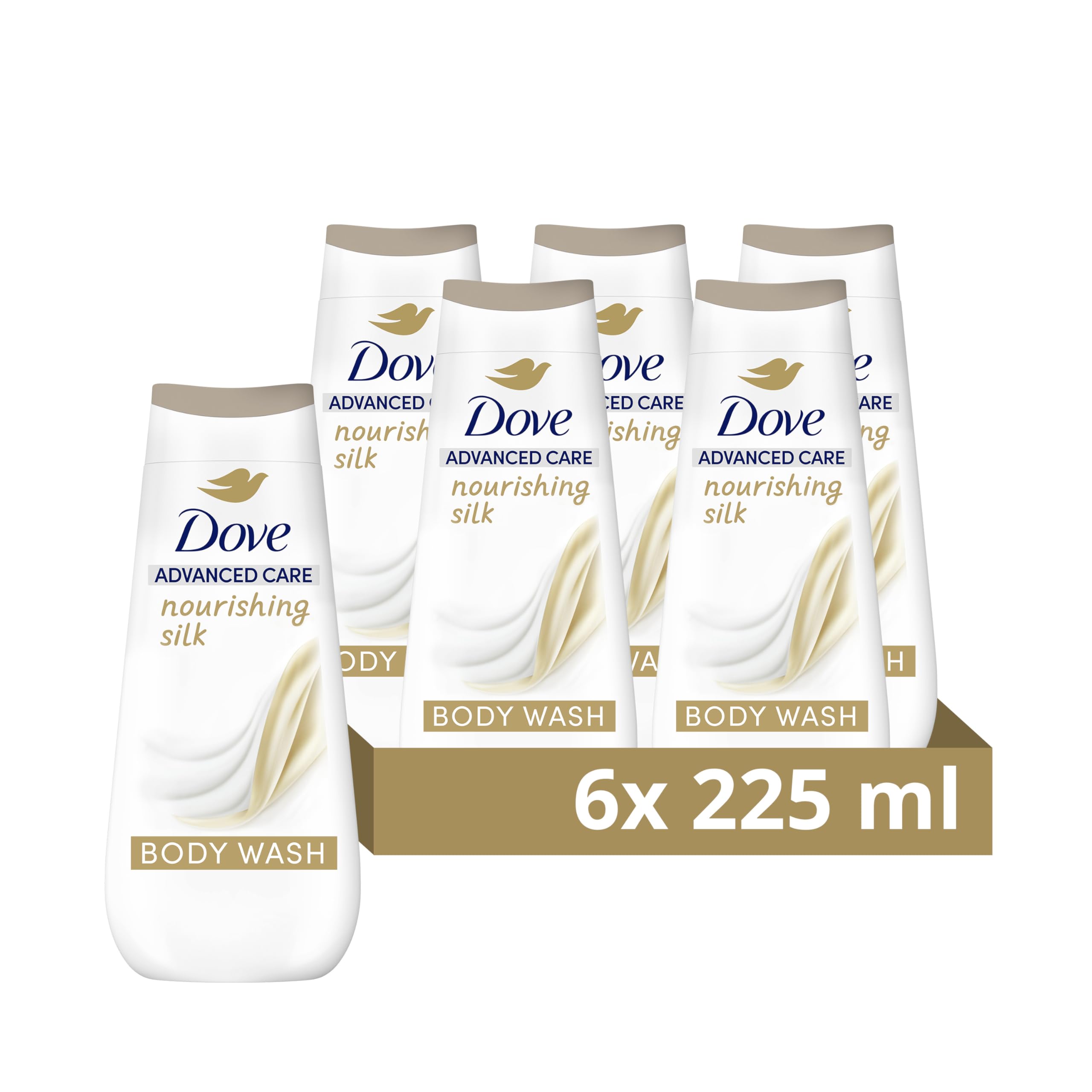 Dove Advanced Care Nourishing Silk Body Wash Body Cleanser shower gel with skin-natural nutrients for instantly silky-soft skin 6x 225 ml