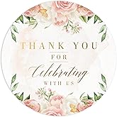 Mobiusea Creation Pink Floral Wedding Thank You Labels Thank You for Celebrating with Us Stickers | 2 inch | Gold Foil | 60pcs Waterproof Favor Labels for Wedding, Bridal Shower, Baby Shower