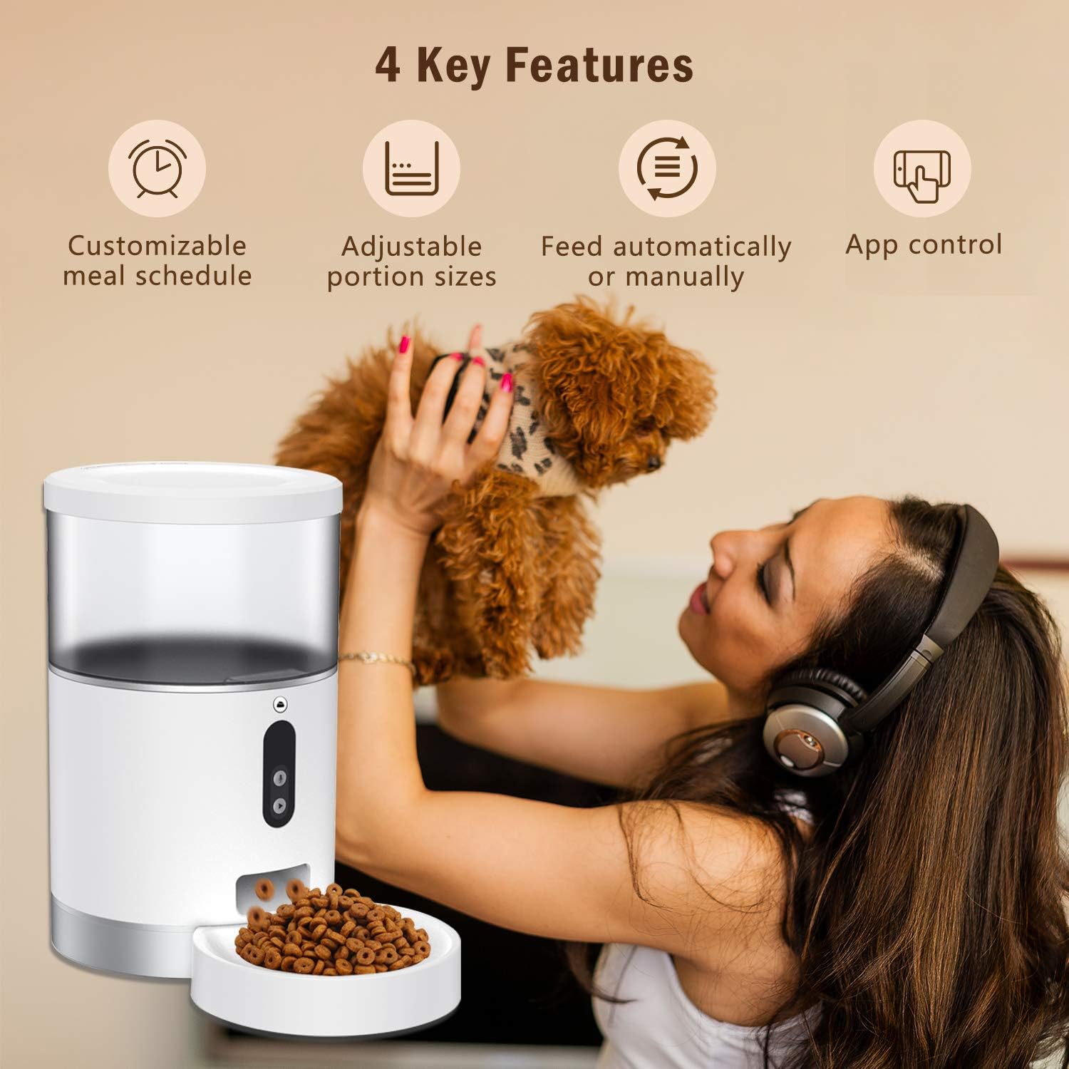 Peteme Automatic Cat Feeder 4L, Smart Pet Feeder Food Dispenser for Cats, Dogs & Small Pets, App Portion Control and Scheduled Feeding, Voice Recorder, Compatible with Alexa, 2.4G Wi-Fi : Kitchen & Dining