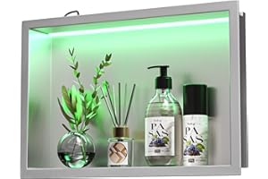 Bernkot Stainless Steel LED Shower Niche 12" X 18" Brushed with RGB Light Waterproof Hardwired Dimmable No Tile Needed Recessed Wall Niche Shower for Bathroom Storage Over Mount Installation