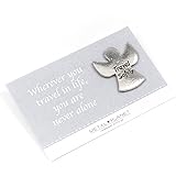 Travel Safely Angel token on a grey, printed 'Wherever you travel in life you are never alone' display card