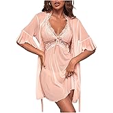 SHENHE Women's Lace Trimmed Nightgown and Flared Half Sleeve Kimono Robe 2 Piece Lingerie Pajama Set