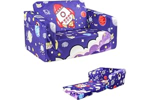 GFU Kids Sofa, 2-in-1 Toddler Chair for Boys, Soft Kids Couch Convertible, Blue Children's Mini Sofa Lounge Chair Fold Out, Perfect for Playroom and Bedroom, Rockets