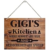 Hanging Wooden Kitchen Gifts, Grandma's Gift, Thanksgiving Gifts, Rustic Farmhouse Kitchen Decor Sign, Gigi's Kitchen - Where Memories Are Made and Grandchildren are Spoiled Sign 15x11.4 Inches
