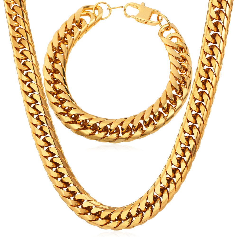 U7 Men Thick Chain Necklace Bracelet Set 316L Stainless Steel 18K Gold
