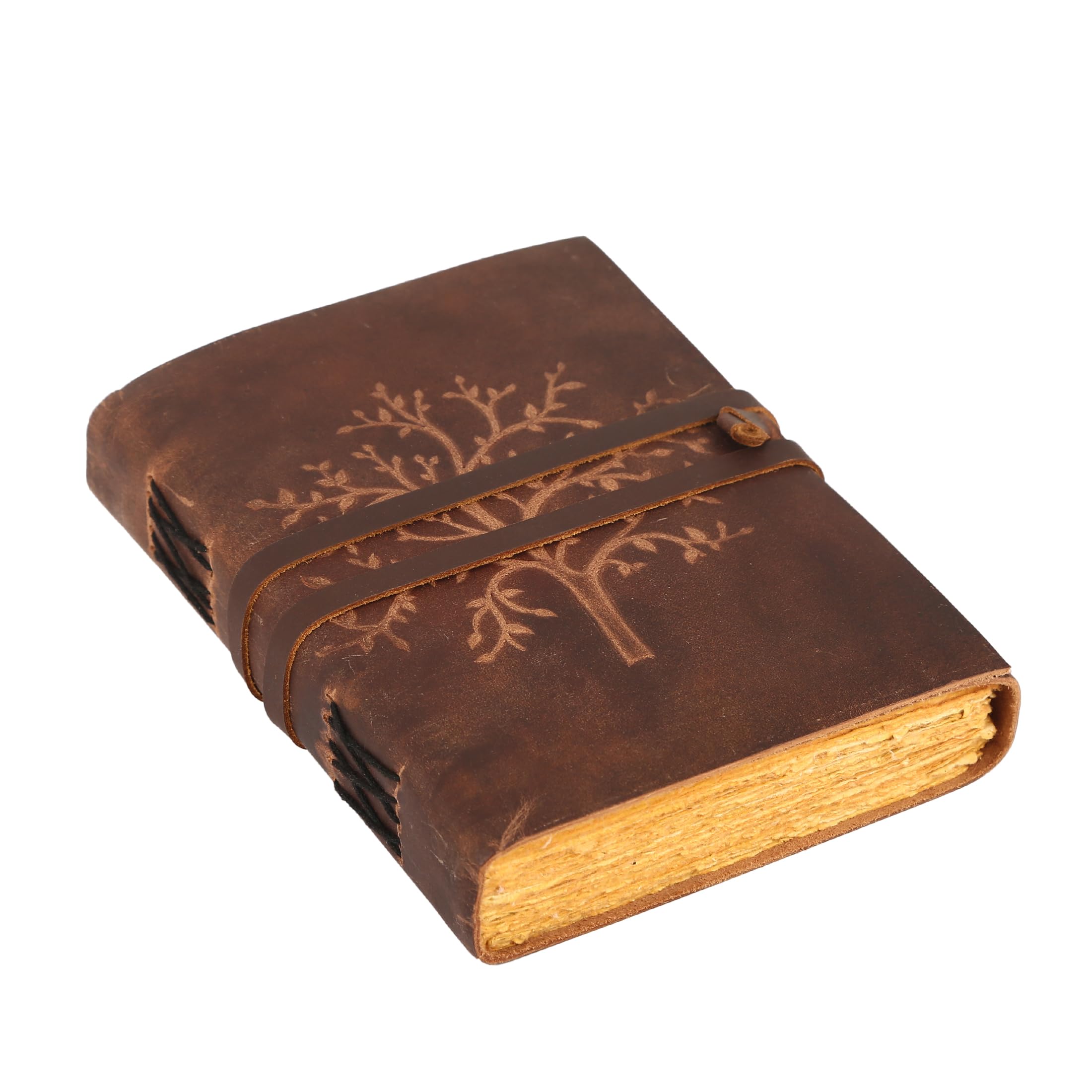 ANANYOM Handmade Leather Journal, Reddish Brown, Soft Buff Leather Tree Of Life Notebook Diary, Sketchbook with Leather String Bound Lock, Embossed Journal for Men & Women, Office Journal Deckle Edge