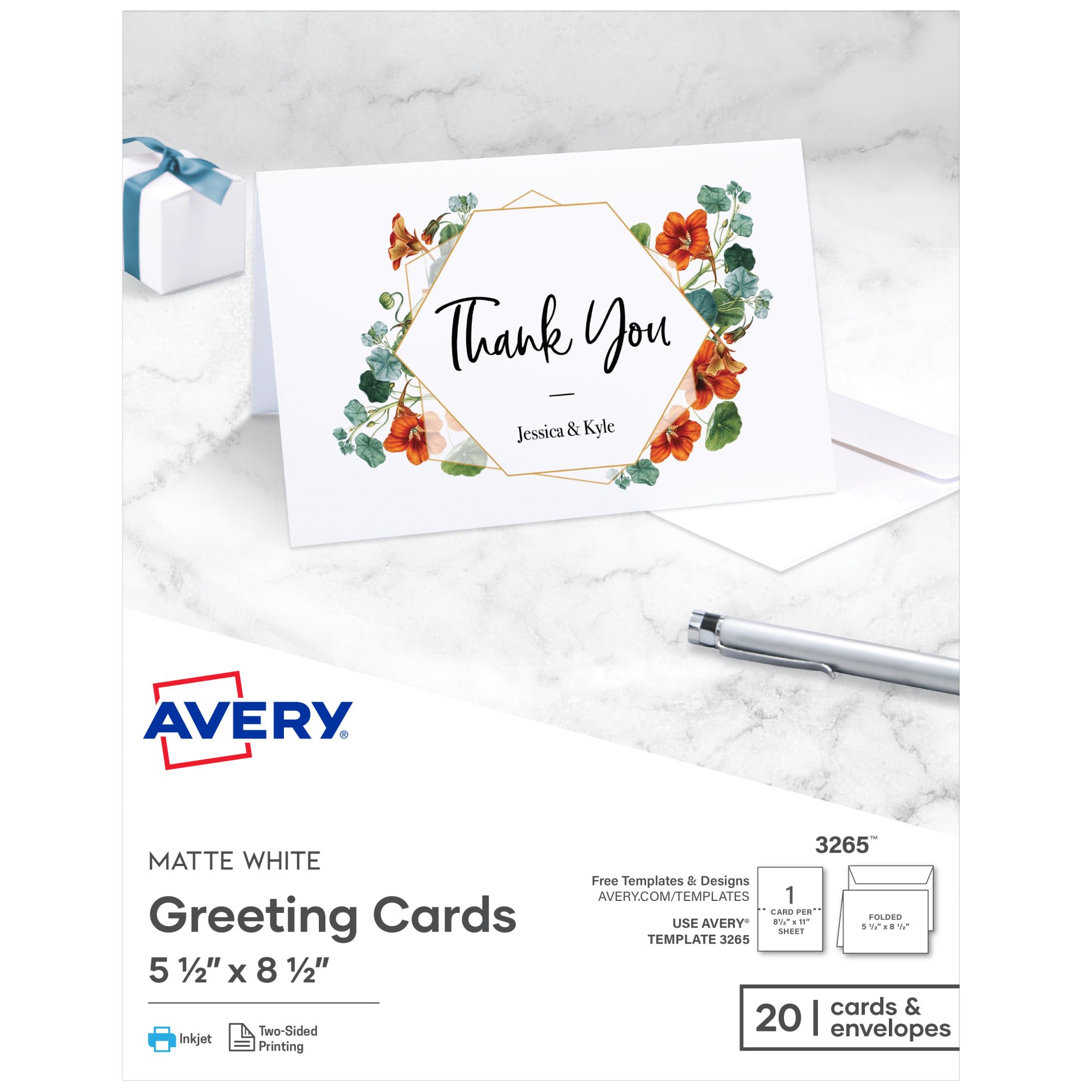 Avery Greeting Cards, Inkjet Printers, 20 Greeting Cards & Envelopes, 5.5 x 8.5, Folded (3265)