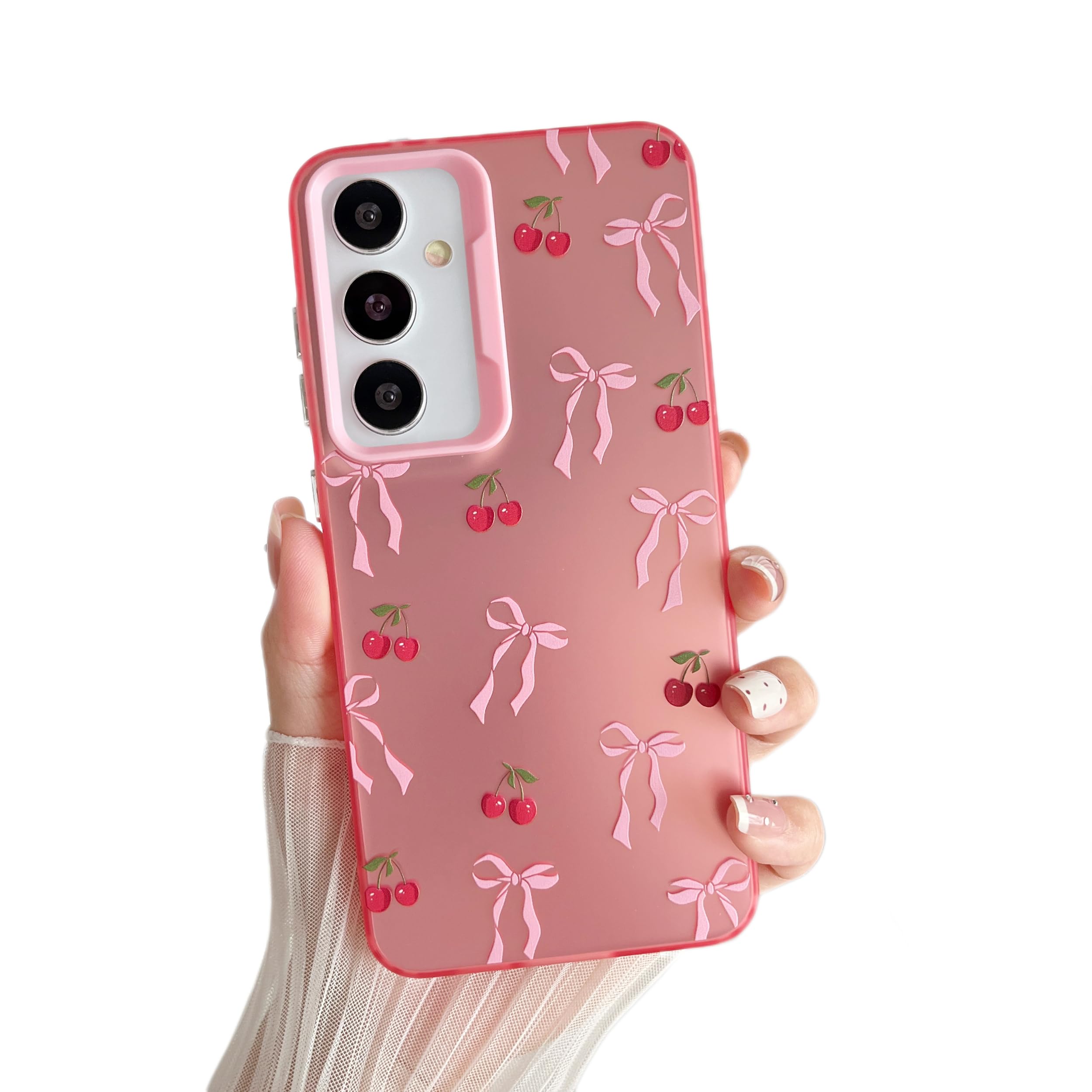 Photo 1 of ZTOFERA for Samsung Galaxy S24/S25 5G Case,Cute Pink Ribbon Bow Tie Aesthetic Phone Case,Trendy Slim Hard IMD Shockproof Protective Bumper Phone Cover for Women Girls,Cherry