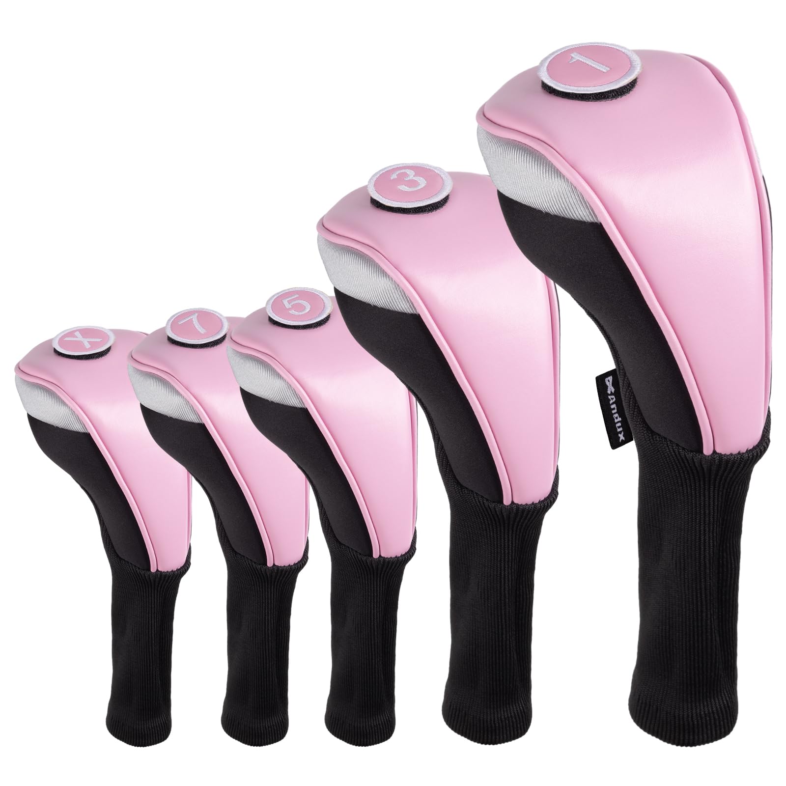 Andux 5pcs/Set PU Golf Wood Club Head Covers 460cc Driver with Long Neck Pink