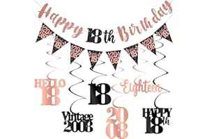 KIRCIRX 18th Birthday Decorations for Girls, Black Rose Gold Happy 18th Birthday Banner Hanging Swirls Vintage 2008 Birthday Decorations Kit Hello 18 Party Supplies