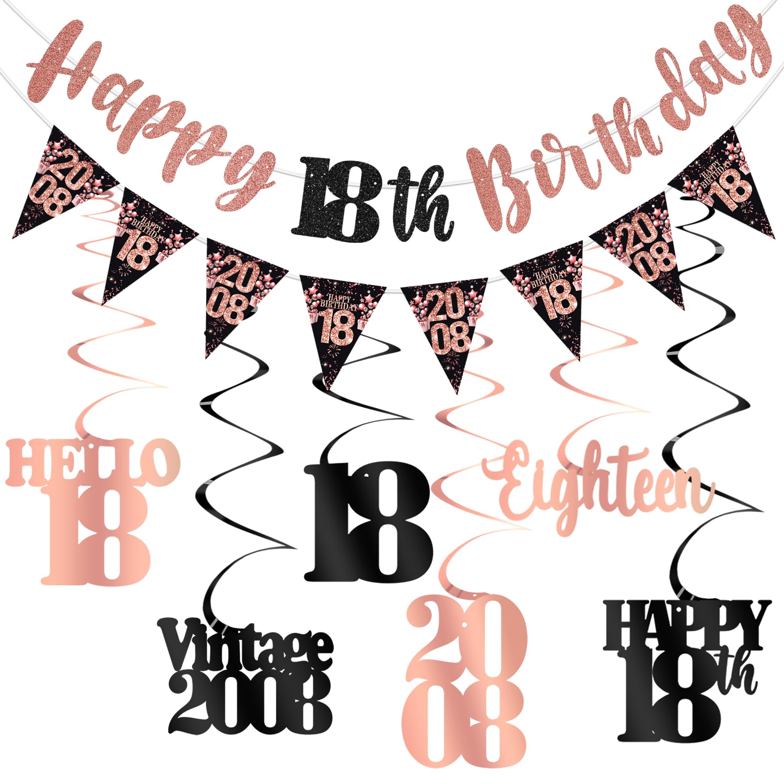 Photo 1 of 18th Birthday Decorations for Girls, Black Rose Gold Happy 18th Birthday Banner Hanging Swirls Vintage 2008 Birthday Decorations Kit Hello 18 Party Supplies