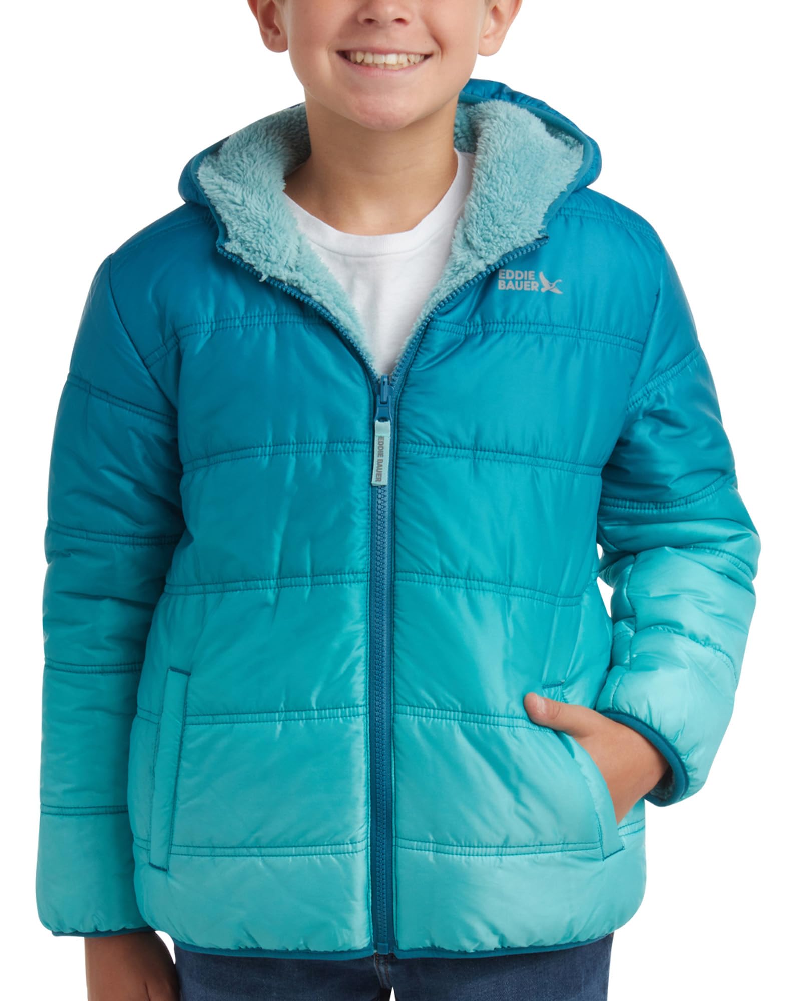 Eddie Bauer Boys' Reversible Jacket - Waterproof Lightweight Fleece Lined Hooded Puffer Coat - Boys Outerwear Jacket (5-20), Size 14-16, Marine Blue Image