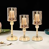 MrMrKura Gold Candle Holder for Table Centerpiece, Set of 3 Decorative Candle Holders for Pillar Candles, Tall Candle Holder with Glass Cover for Indoor Outdoor Home Decor (L+M+S)